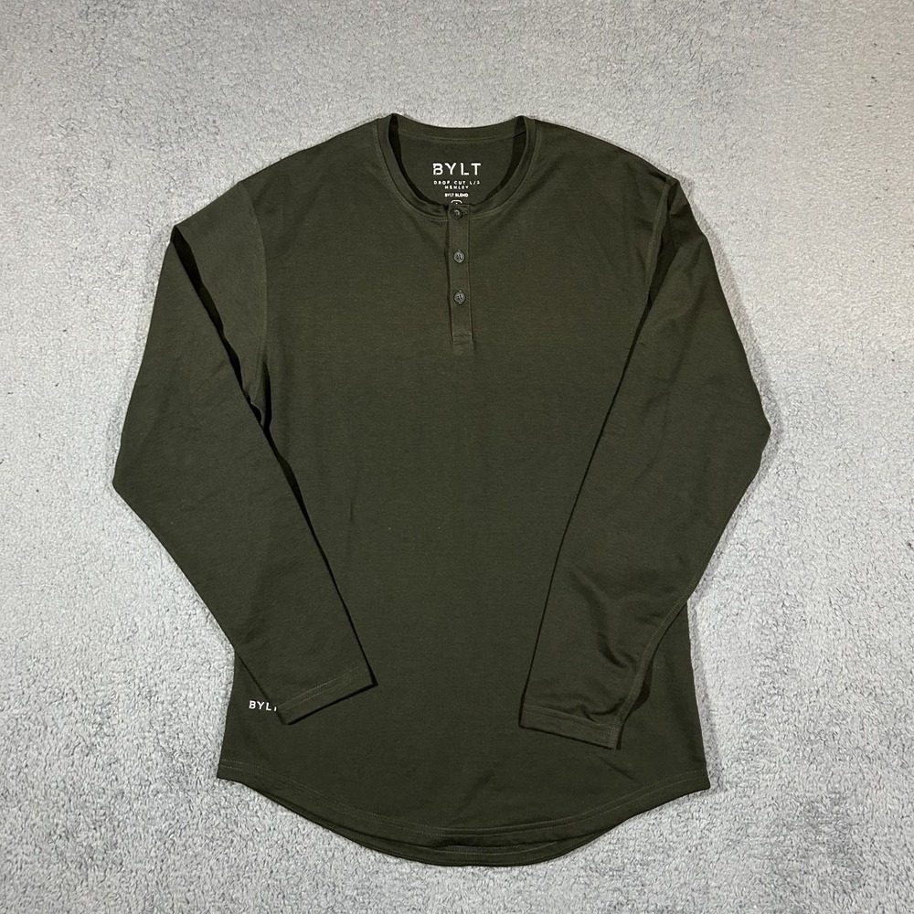 BYLT Premium Basics Men's Small Drop Cut Shirt Long Sleeve Henley Olive #3908
